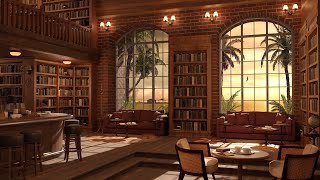 Summer Bookstore Ambience with Muffled Jazz Music Playing at Sunset and Ocean Wave Sounds [upl. by Kcinemod739]