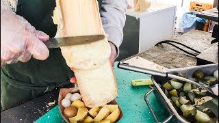 Swiss Raclette Huge Melted Cheese Tasted in Prague Street food of the Czech Republic [upl. by Finkelstein]