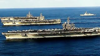 SPECTACULAR SIGHT B1B Strategic Bombers LOWLEVEL FLYOVER 3 SuperCarriers In The Sea Of Japan [upl. by Baumbaugh36]