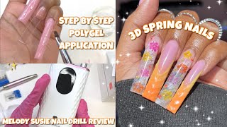 ENCAPSULATED FLOWER POLYGEL NAILS  MELODY SUSIE NAIL DRILL REVIEW  VIRAL 3D FRENCH DESIGN [upl. by Hettie365]