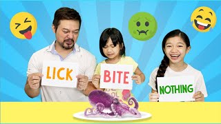 LICK BITE OR NOTHING CHALLENGE w Dad  Kaycee amp Rachel [upl. by Sharma]