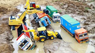 TATA Tipper And Volvo Dumper Accident Mud Pit Pulling Out Jcb 3dx Jcb Machine  Cartoon Video CS Toy [upl. by Ninaj]