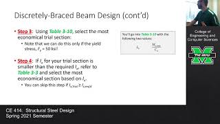 CE 414 Lecture 37 Design of DiscretelyBraced Beams 20210416 [upl. by Aerdnuahs]