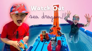 👀 Watch Out‼️ Sea dragons about… 🐉😱 Can Bobby get the Monster Trucks amp Cars over the swimming pool⁉️ [upl. by Ecirtaed]