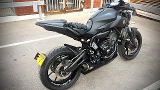 Blacked Out Mt07FZ07  Walkaround Mods Yoshimura exhaust drag bar streetfighter [upl. by Chevalier711]