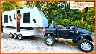 Camping adventure with kids RV trailer and ride on truck sleeping in camper Educational  Kid Crew [upl. by Leahcam282]