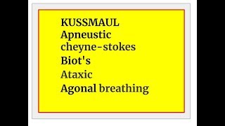 KUSSMAUL Apneustic Ataxic Agonal cheynestokes Biots breathing [upl. by Arymahs656]