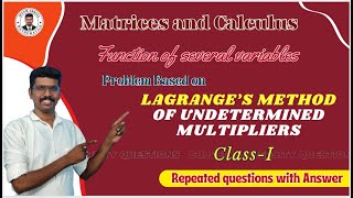 Lagrange’s method of undetermined multipliers  Functions of several variables  Class I [upl. by Samanthia515]