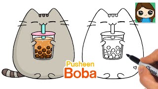 How to Draw Pusheen Drinking Boba [upl. by Rowley]