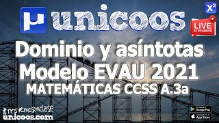 LIVE MODELO EVAU 2021  MATEMATICAS CCSS 03  EJERCICIO A3a  Dominio y Asíntotas [upl. by Shirline771]