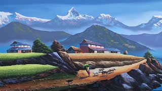 Landscape Painting Nepali Painting Village Art 4K [upl. by Erej]