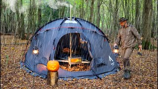 Hot Tent Camping in Rain  Halloween 2 nighter [upl. by Blank]