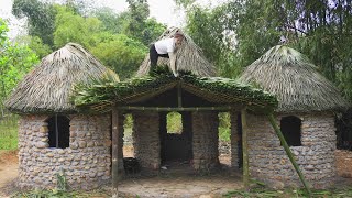 Alone women designed and built stone castle Roof the stone cabin with palm leaves cool in summer [upl. by Sybille]