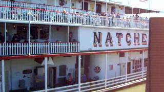 Natchez Steamboat PaddleWheel Engine Room Steam Whistle and Docking [upl. by Ahtera]