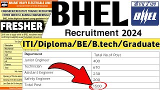 BHEL RECRUITMENT 2024  FRESHERS  ITIDIPLOMABTECH BHEL JOBS 2024  BHEL VACANCY 2024  BHEL 2024 [upl. by Johiah]