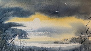 Paint A STORMY SKY amp SUNSET Paint Loose Wetlands Watercolor Landscape Painting Watercolour DEMO [upl. by Afirahs]