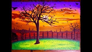 Simple Colorful Sunset Landscape Art With Birds In Oil Pastel  Painting For Beginners [upl. by Keslie]