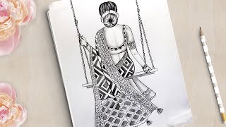 How to draw Beautiful Traditional Girl on Swing  Saree Girl on Swing  Girl Drawing [upl. by Elisee]