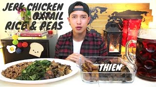 mukbang with THIEN Jamaican Jerk Chicken Oxtail Rice amp Peas Plantains and Kale Caribbean [upl. by Lebaron]