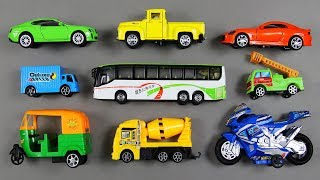 Lots of Toy Vehicles Collection and Cars Tour Bus Racing Bike Auto Rickshaw Mixer Truck 03 [upl. by Casar498]