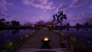 A Beautiful Purple Night Ambience In A Peaceful Countryside  Crackling Fire Crickets Water Sounds [upl. by Eenat]