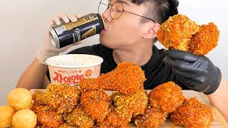 BBQ치킨 레드 써프라이드  써프라이드 치킨  치즈볼  까르보나라 떡볶이 ASMR 먹방  chicken mukbang eating show [upl. by Ahsened432]