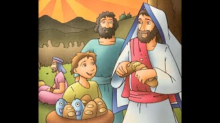 Jesus Feeds 5000 with Two Fish and Five Loaves of Bread Bible story for kids read aloud [upl. by Peta]