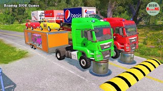 Double Flatbed Trailer Truck vs speed bumpsBusses vs speed bumpsBeamng Drive966 [upl. by Dorsey]