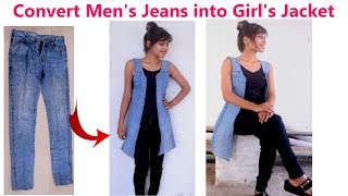 DIY Convert Reuse Recycle Mens Old Jeans into Girls Jacket Diy Girls denim jacket [upl. by Penland]