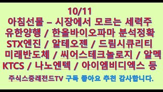 24년10월11일 유한양행 알테오젠 STX엔진 드림시큐리티 씨어스테크놀로지 알멕 kTCS 아이엠비디엑스 나노엔텍 미래반도체 리가켐바이오 한올바이오파마 [upl. by Dunlavy28]