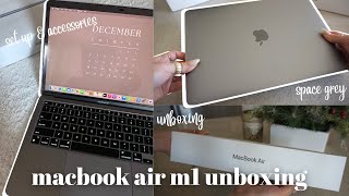 MACBOOK AIR M1 UNBOXING SPACE GREY aesthetic   must have accessories and set up [upl. by Tips618]