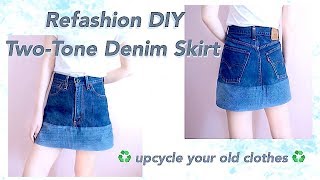 CLOTHING HACK  Refashion DIY Old Jeans to Two Tone Denim Skirt  デニム👖ジーンズ リメイクㅣmadebyaya [upl. by Dryden]