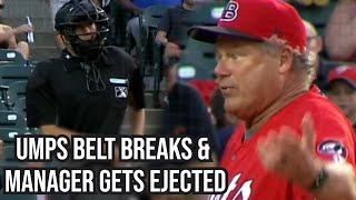 Umpire ejects manager while fixing his broken belt a breakdown [upl. by Kcaj938]