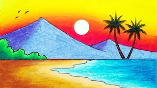 How to Draw Beautiful Sunset in the Beach  Easy Sunset Scenery Drawing [upl. by Allecnirp]