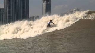 Surfing the Silver Dragon Tidal Bore Qiatang River China 2011 [upl. by Tergram]