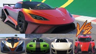 GTA 5  Top Speed Drag Race Overflod Tyrant vs X80 Tezeract Entity 811 Vagner Banshee etc [upl. by Atnoved]