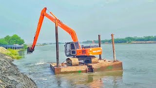 TATA HITACHI EX 215 Excavator Working on river and pontoon shifting [upl. by Evilo]