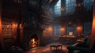 Cozy Library Ambiance with Fireplace and Gentle Rain  Relax and Study [upl. by Ailegra271]