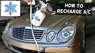 MERCEDES W211 HOW TO RECHARGE THE AIR CONDITIONER AC E320 [upl. by Naeerb]