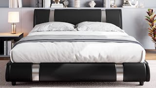 Modern Faux Leather Upholstered Platform Bed Frame with Metal Decoration Headboard Assembled [upl. by Jeunesse479]