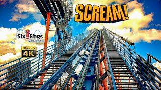 2024 Scream Floorless Roller Coaster On Ride Front Row 4K POV Six Flags Magic Mountain [upl. by Enilec]