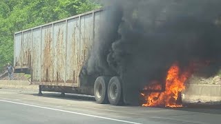 Tractortrailer catches fire on I81 North in Luzerne County [upl. by Anaes]