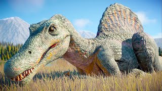 SPINOSAURUS vs TREX vs INDOMINUS vs GIGANOTOSAURUS DINOSAURS BATTLE  Jurassic World Evolution 2 [upl. by Pickard]