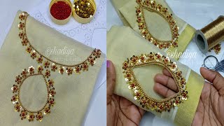 Hand embroidery neck design for kurti salwarembroidery neckline with beads [upl. by Ayerhs]