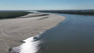 Drone video of low Mississippi River water levels tugs in Caruthersville Missouri [upl. by Eanerb]