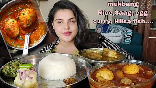 ASMREating Rice With Egg Curry saagaloo bharta Hilsa Fish Mukbang Big BitesClean Eating [upl. by Faxun411]