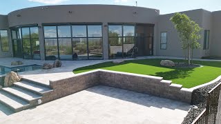 Backyard Pool area with artificial turf travertine and a putting green [upl. by Nylednarb]