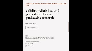 Validity reliability and generalizability in qualitative research  RTCLTV [upl. by Tnahsin]