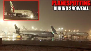 PLANESPOTTING DURING SNOWFALL AT DÜSSELDORF AIRPORT  Takeoffs amp landings  Deicing operations [upl. by Annahael]