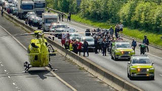 Highways England traffic officer run over by his own car A1 Doncaster Air Ambulance take off [upl. by Hawkie]